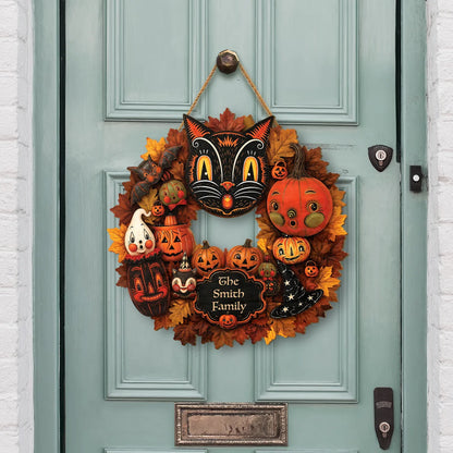 Personalized Halloween Wreath Wood Sign - Custom Family Name Vintage Black Cat & Pumpkin Decor