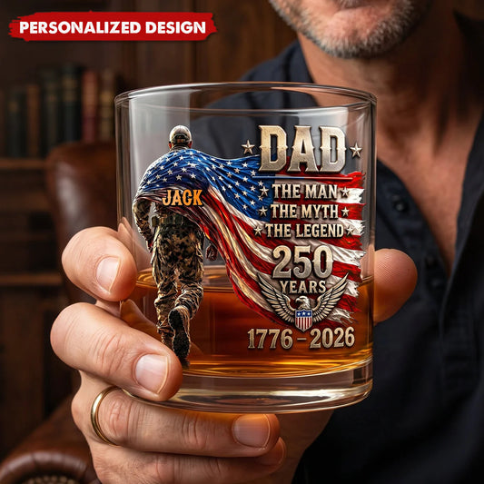 Personalized Patriot Dad Whiskey Glass for Dad with personalized design details for meaningful gifting