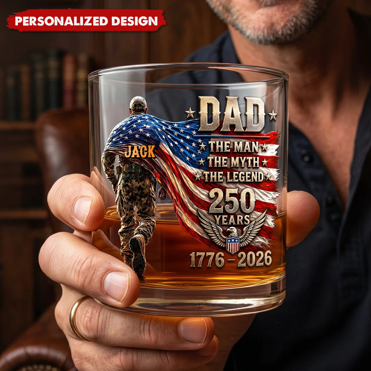 Personalized Patriot Dad Whiskey Glass for Dad with personalized design details for meaningful gifting