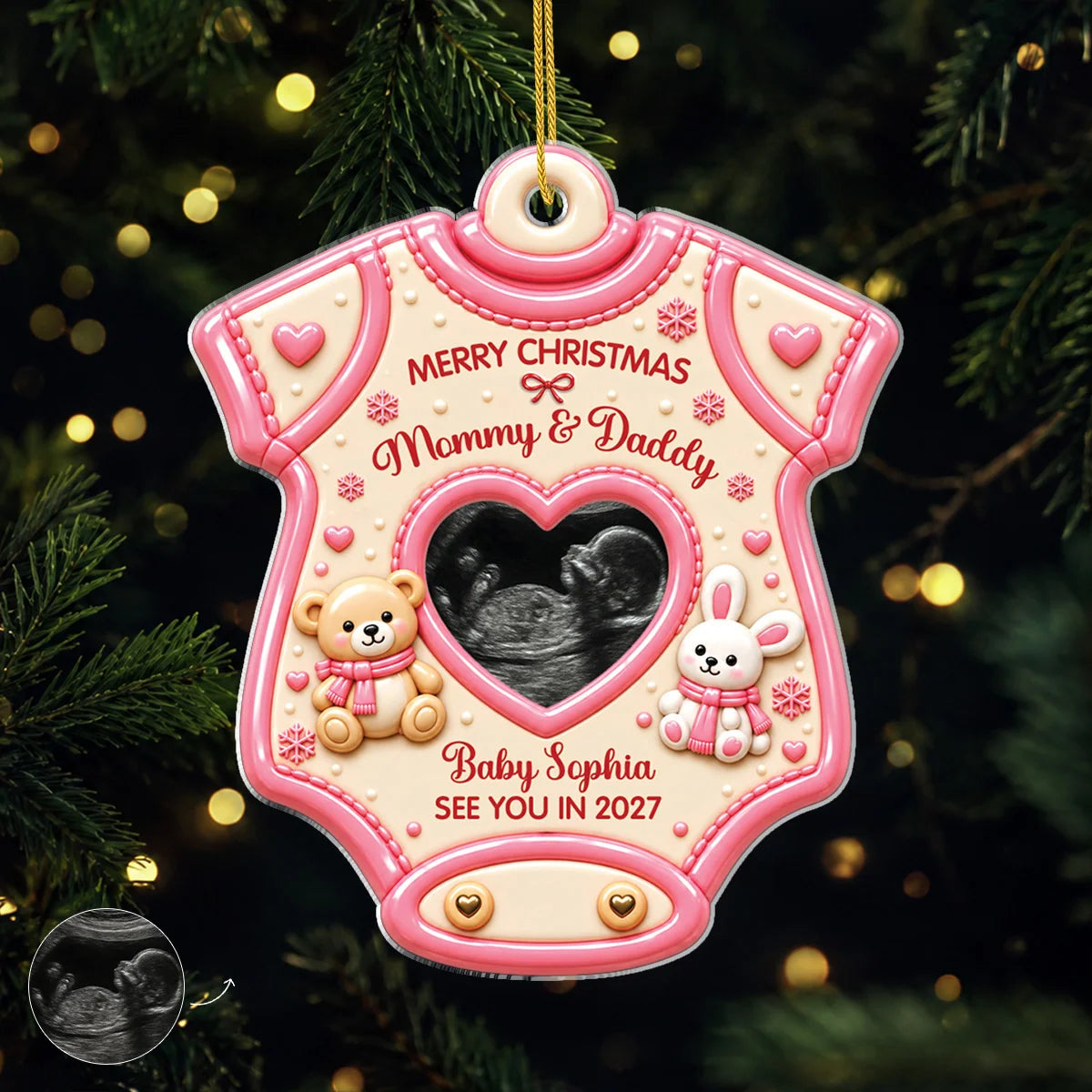Merry Christmas Mommy & Daddy - Custom Baby Ultrasound Photo Onesie Acrylic Ornament