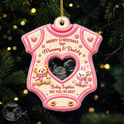 Merry Christmas Mommy & Daddy - Custom Baby Ultrasound Photo Onesie Acrylic Ornament