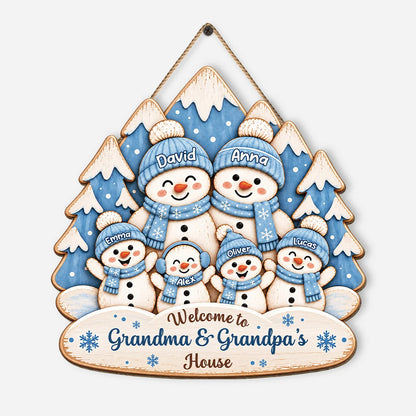 Welcome to Grandma & Grandpa's House - Personalized Wood Sign Custom Snowman Family Christmas Gift