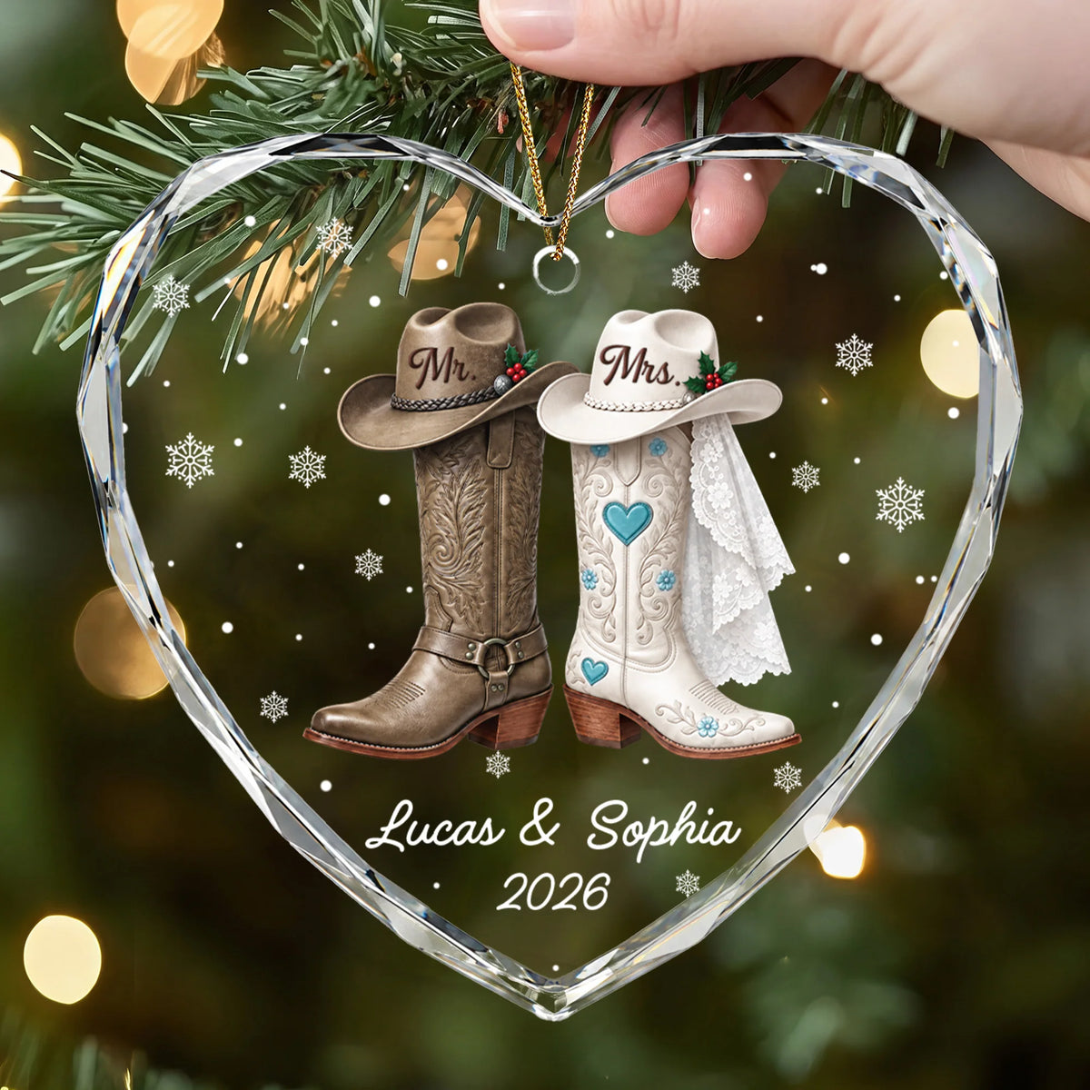 Mr & Mrs Cowboy Boots Personalized Glass Ornament - Rustic Christmas Keepsake for Couples