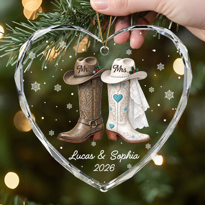 Mr & Mrs Cowboy Boots Personalized Glass Ornament - Rustic Christmas Keepsake for Couples
