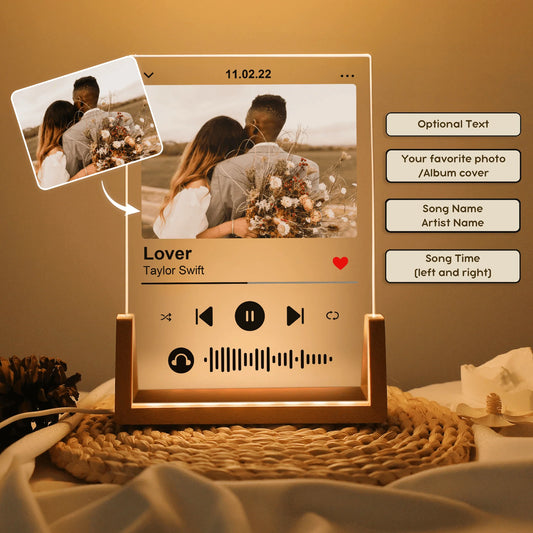Custom photo music plaque night light with wooden base displaying a personalized couple picture and song details.