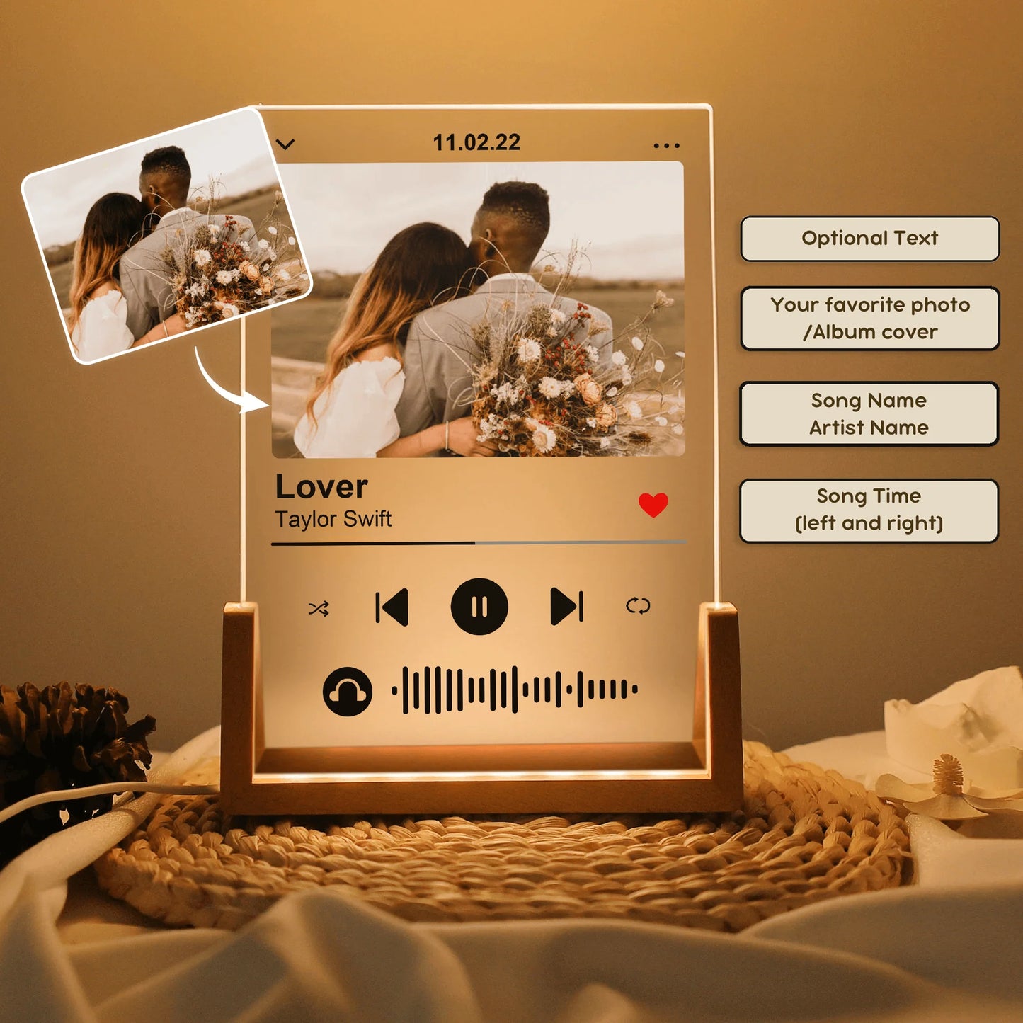 Custom photo music plaque night light with wooden base displaying a personalized couple picture and song details.