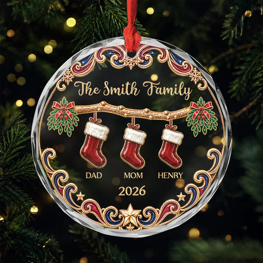 Custom Family Names Christmas Stockings Glass Ornament - Personalized Holiday Keepsake Gift for Mom and Dad