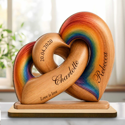 Custom Lgbtq Rainbow Heart Wooden Plaque for Couples with personalized design details for meaningful gifting