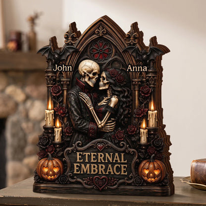 Eternal Embrace Custom Skeleton Couple Wooden Block - Personalized Gothic Anniversary Gift for Husband or Wife