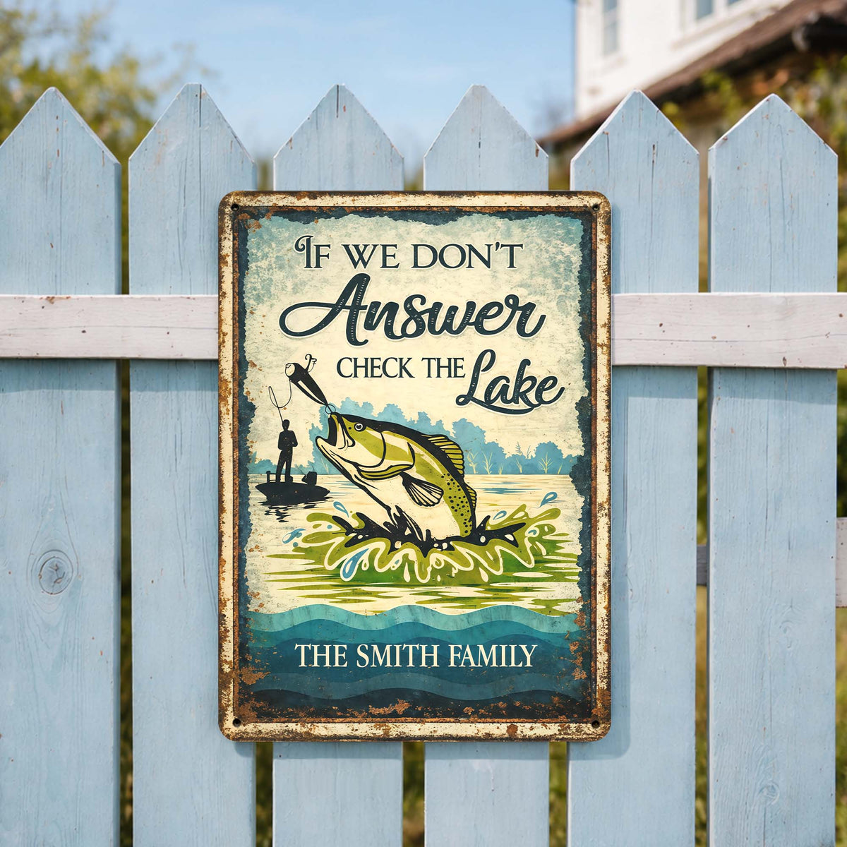 "If We Don't Answer Check The Lake" Personalized Metal Sign - Cabin Decor for Fisherman Dad