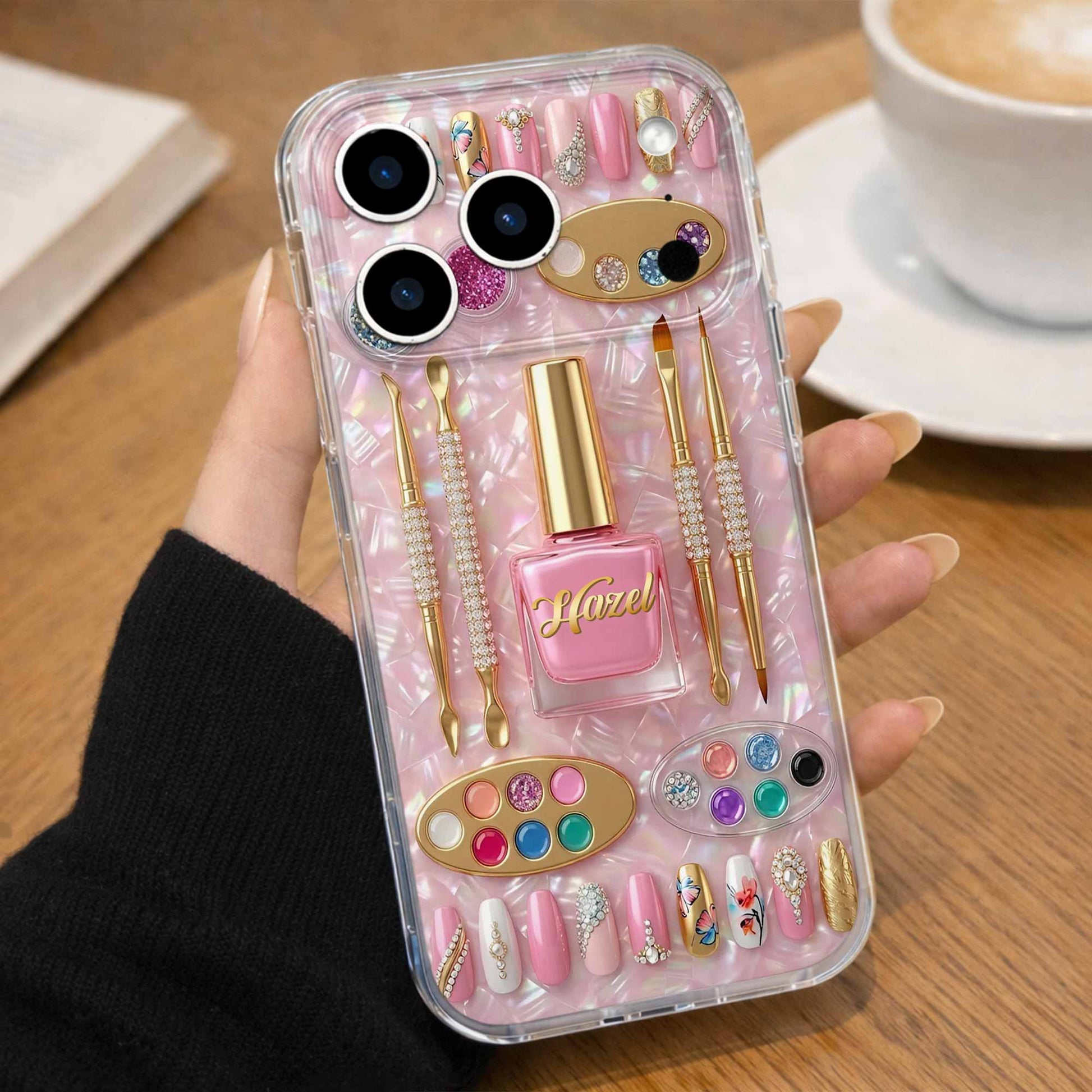Personalized nail tech clear phone case featuring chic nail polish and tools design image 6