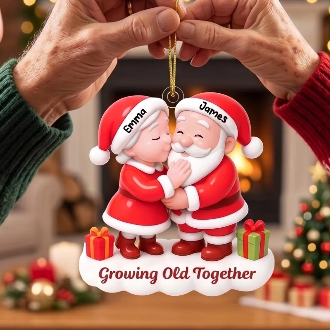 "Growing Old Together" Personalized Couple Name Acrylic Ornament - Custom Kissing Santa & Mrs. Claus Christmas Gift