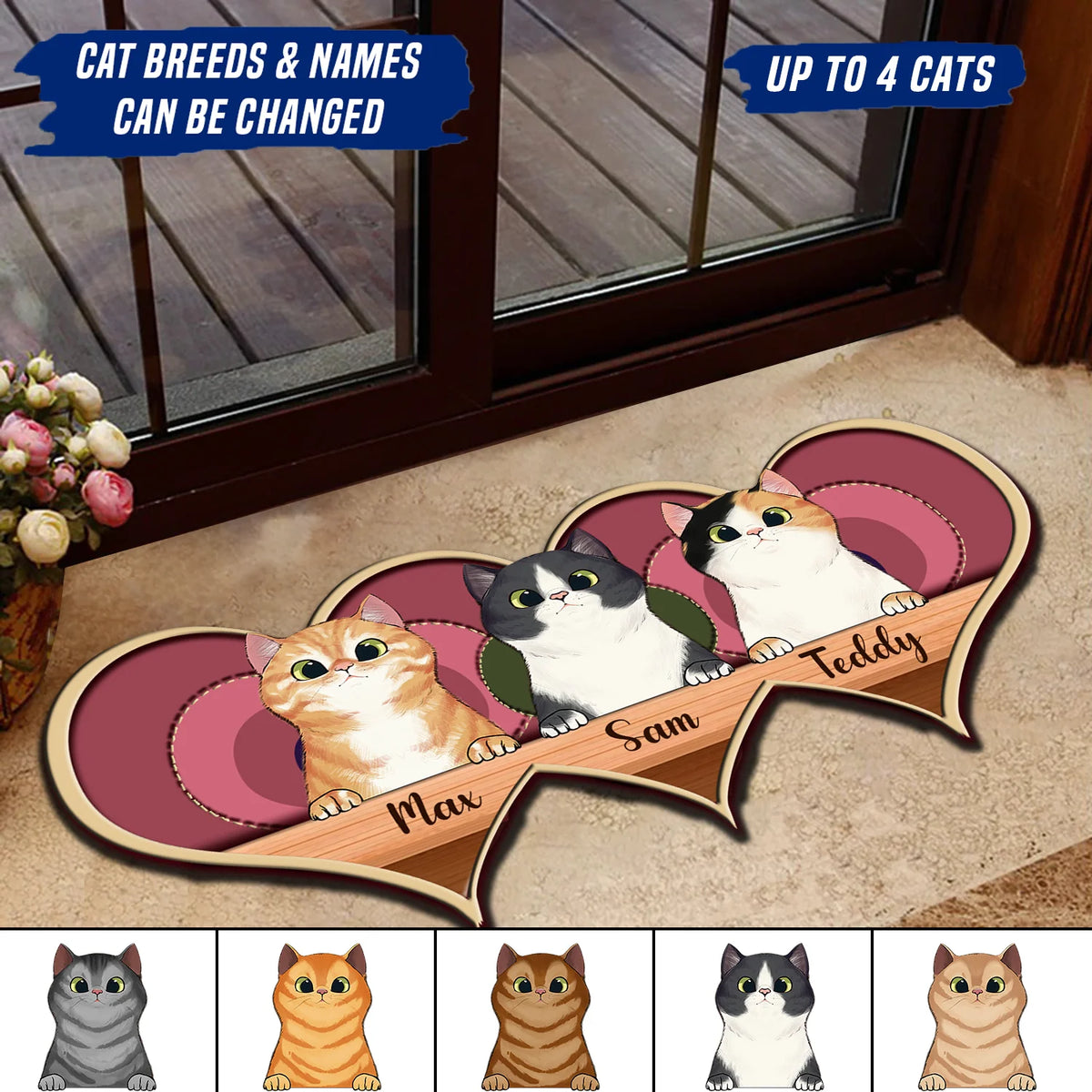 Custom Cat Pink Hearts Shaped Doormat - Personalized Welcome Mat Gift for Cat Lovers