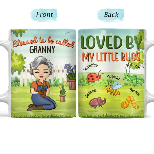 Custom gardening mug for grandma featuring personalized little bugs with grandchildren names