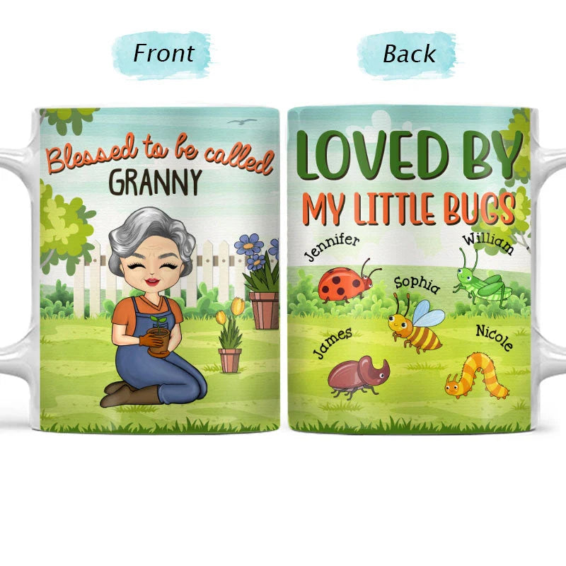 Custom gardening mug for grandma featuring personalized little bugs with grandchildren names