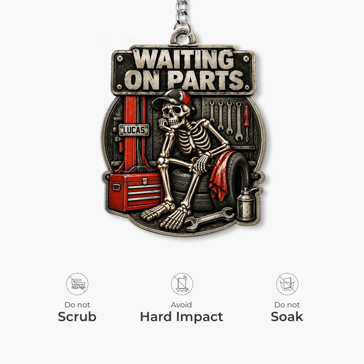 "Waiting On Parts" Funny Skeleton Mechanic Keychain - Custom Name Gift for Dad & Husband