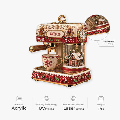 Gingerbread Coffee Machine Acrylic Ornament - Personalized Holiday Keepsake Gift for Bakers and Baristas
