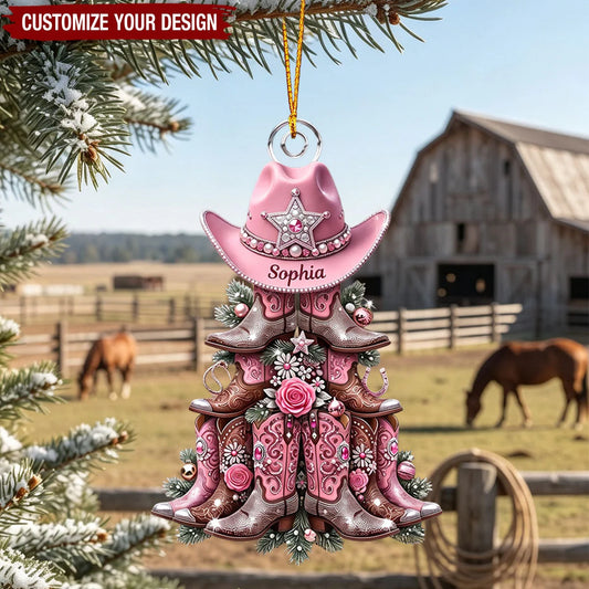 Custom Pink Cowgirl Boots Christmas Tree Acrylic Ornament - Personalized Name Country Western Keepsake Gift