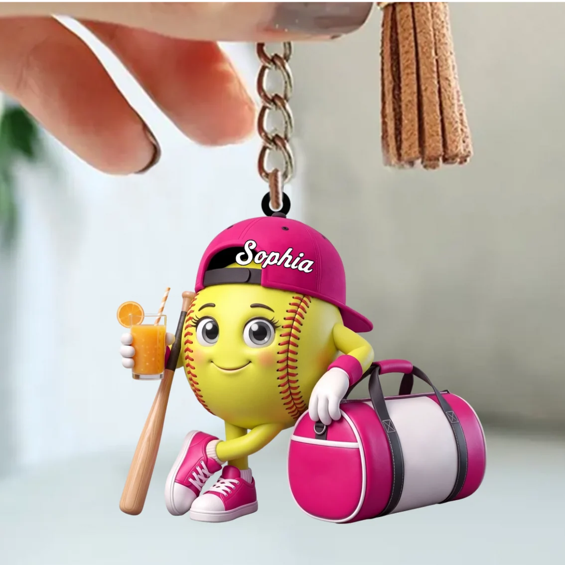 Bat Ball And Cold Brews Mascot Keychain - Custom Baseball Keychain Gift for Players and Coaches