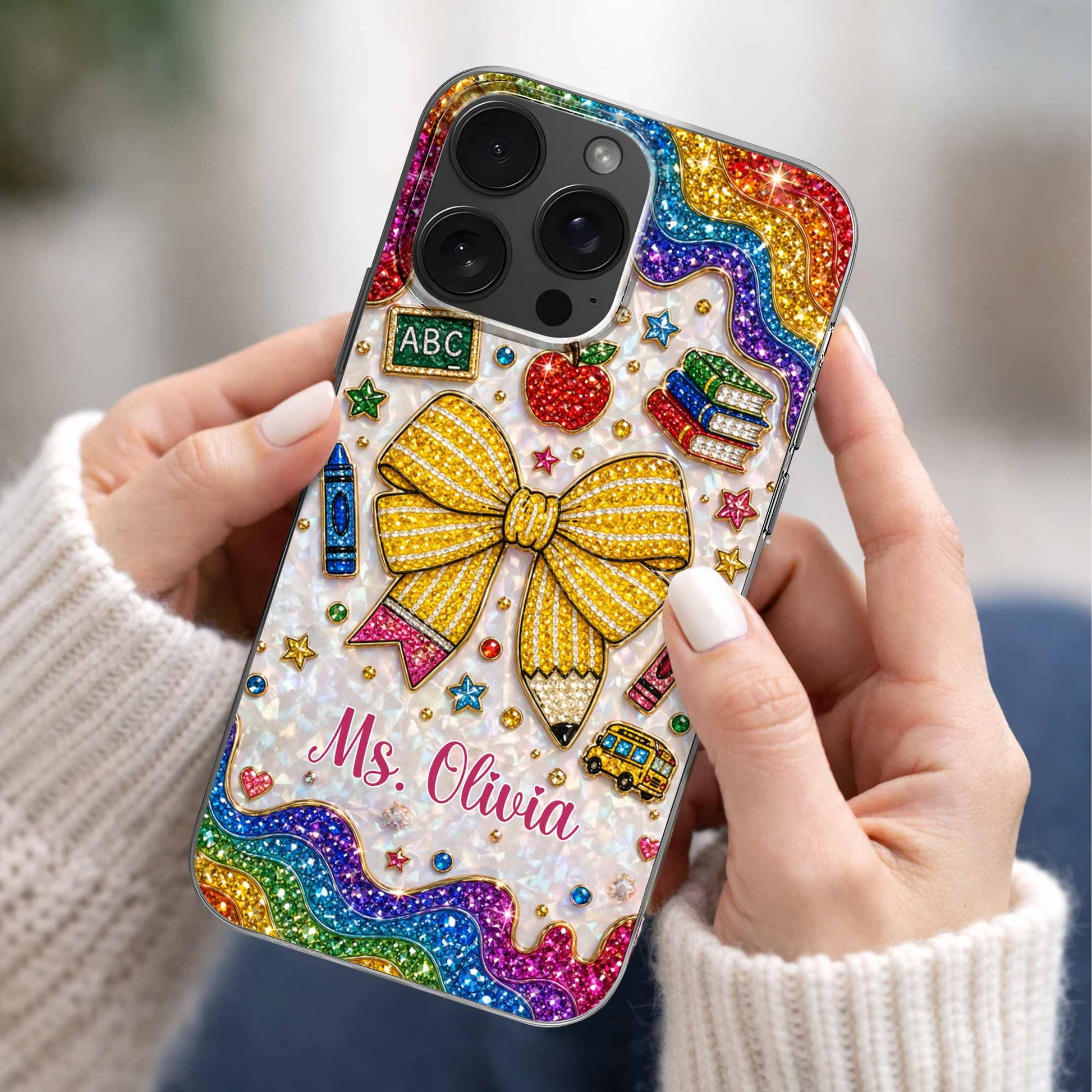 Personalized teacher clear phone case with custom name, glittery pencil bow, and apple print design image 6