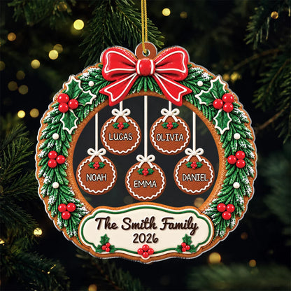 3D Effect Gingerbread Wreath - Personalized Family Acrylic Ornament for Christmas Tree