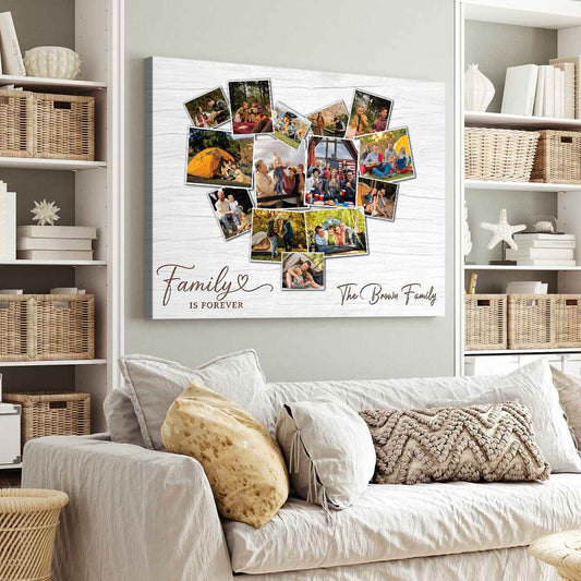 Custom heart photo collage canvas print with Family Is Forever quote and personalized family name text