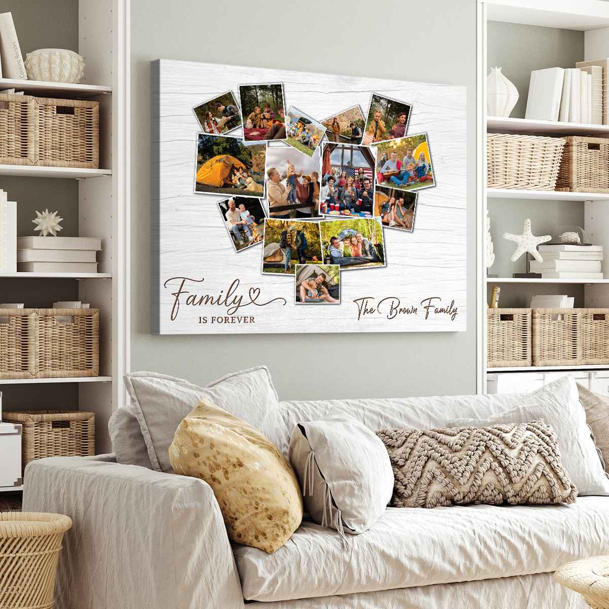 Custom heart photo collage canvas print with Family Is Forever quote and personalized family name text