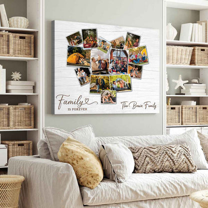 Custom heart photo collage canvas print with Family Is Forever quote and personalized family name text