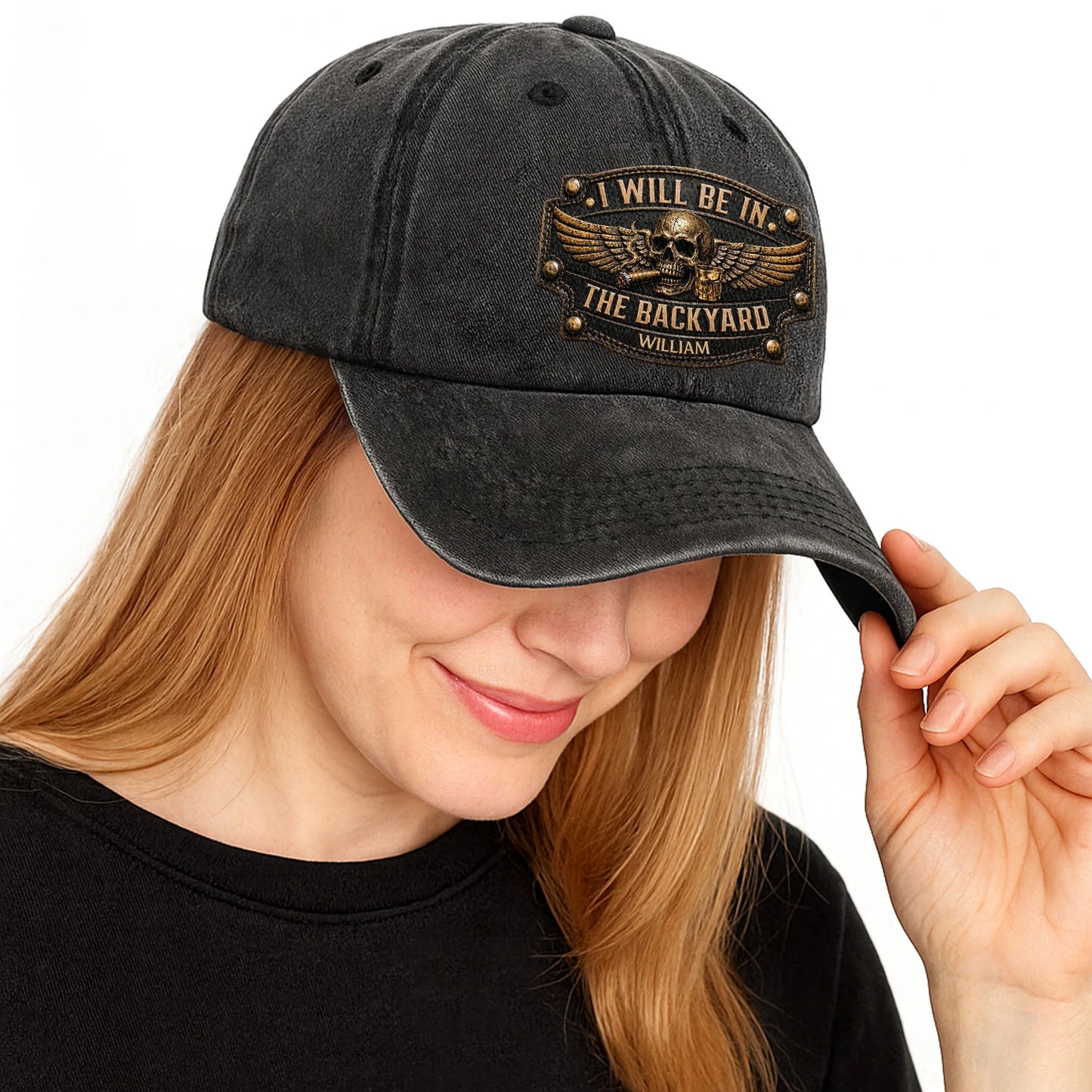 I Will Be In The Backyard Personalized Washed Cotton Cap - Custom Skull Cigar Gift