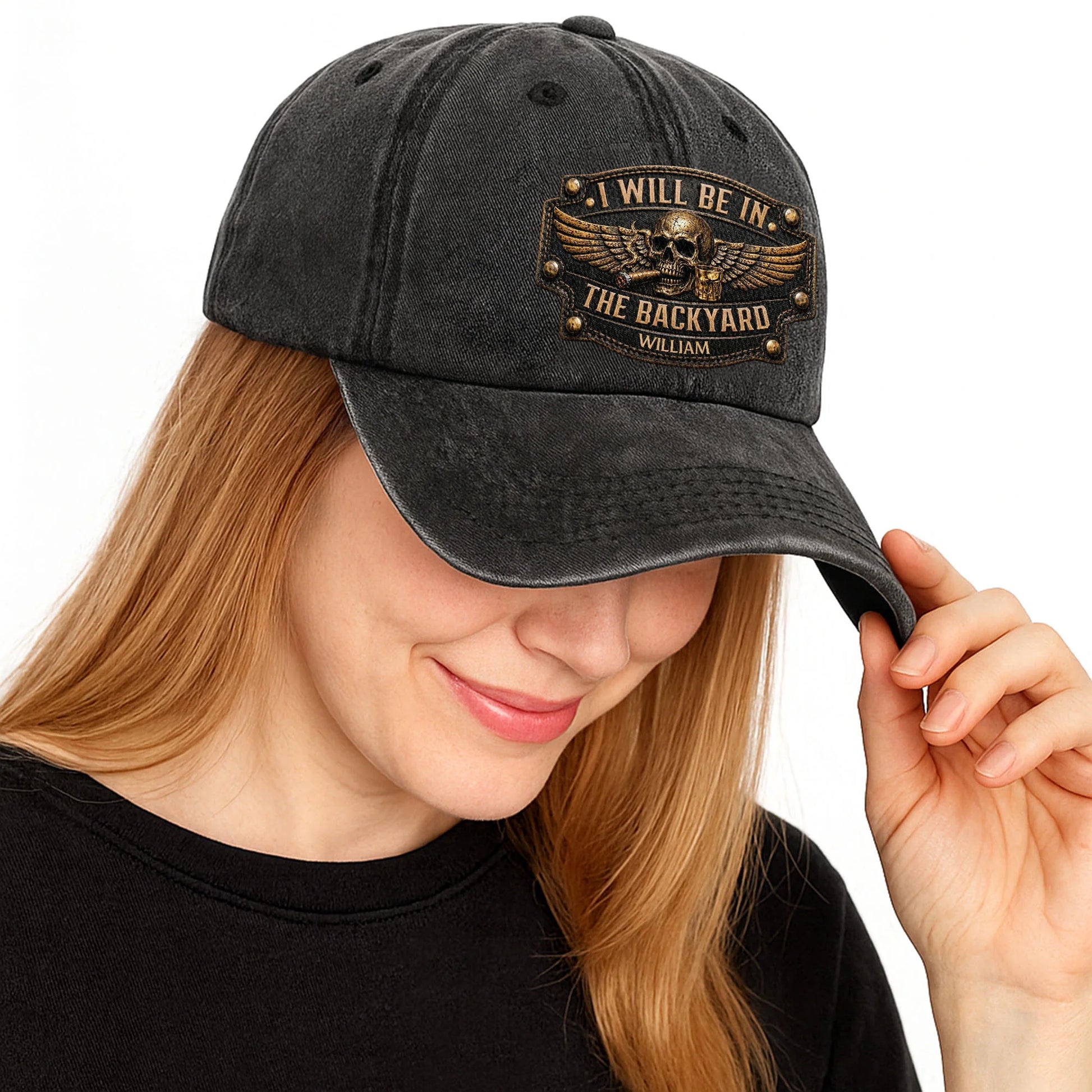 I Will Be In The Backyard Personalized Washed Cotton Cap - Custom Skull Cigar Gift