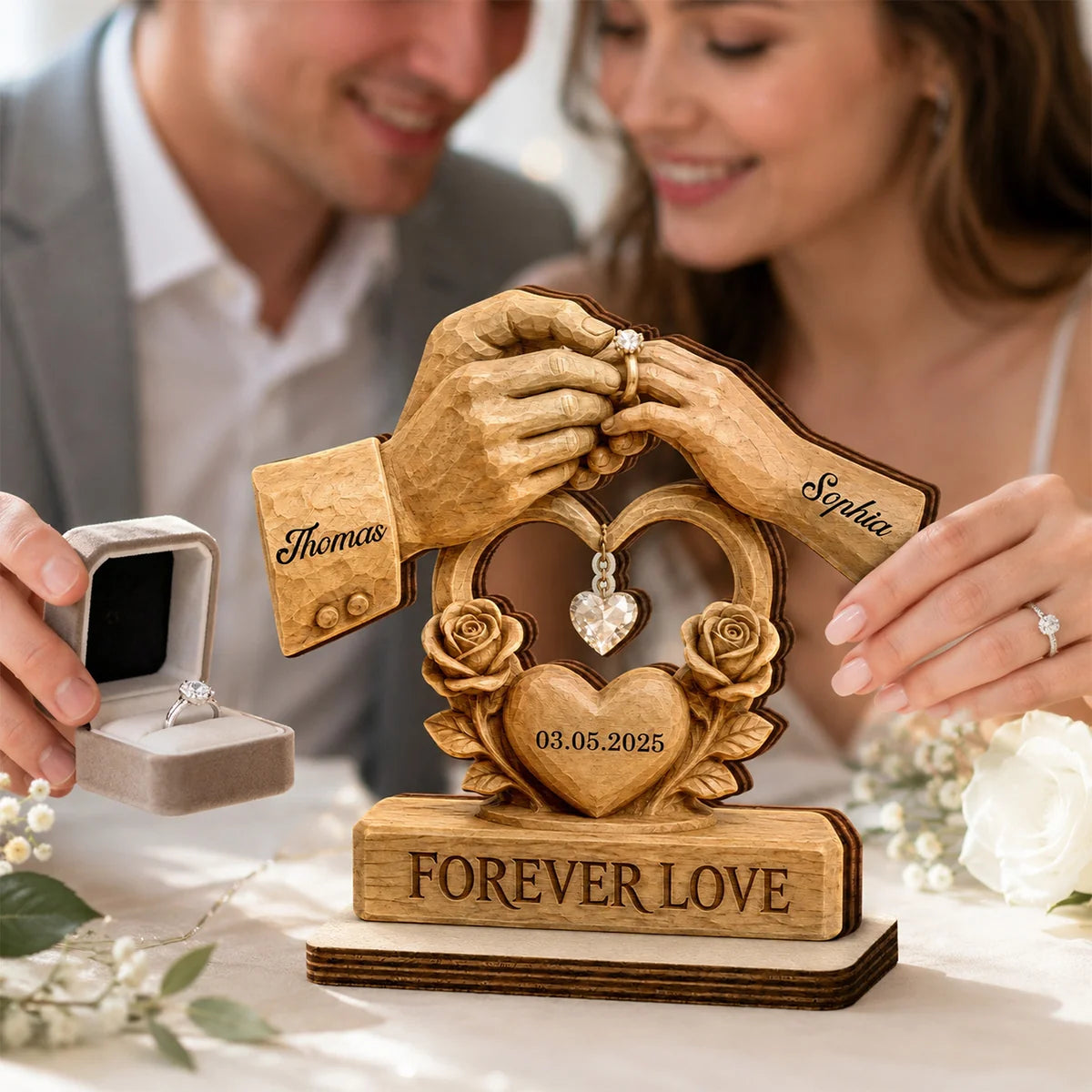 Personalized couple wedding wooden plaque with hands holding ring and Forever Love quote for couples image 6