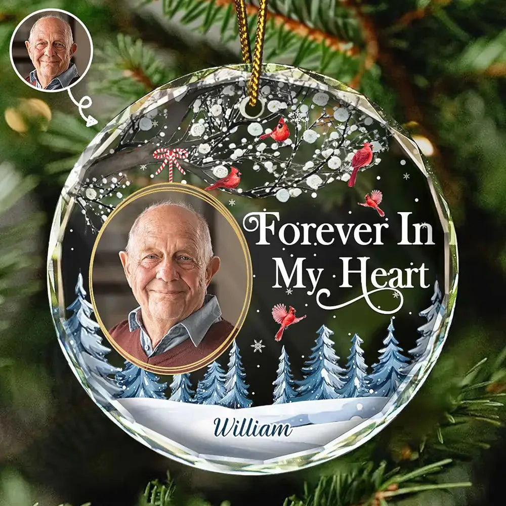 "Forever in My Heart" Custom Photo Cardinal Glass Ornament - Personalized Memorial Christmas Gift