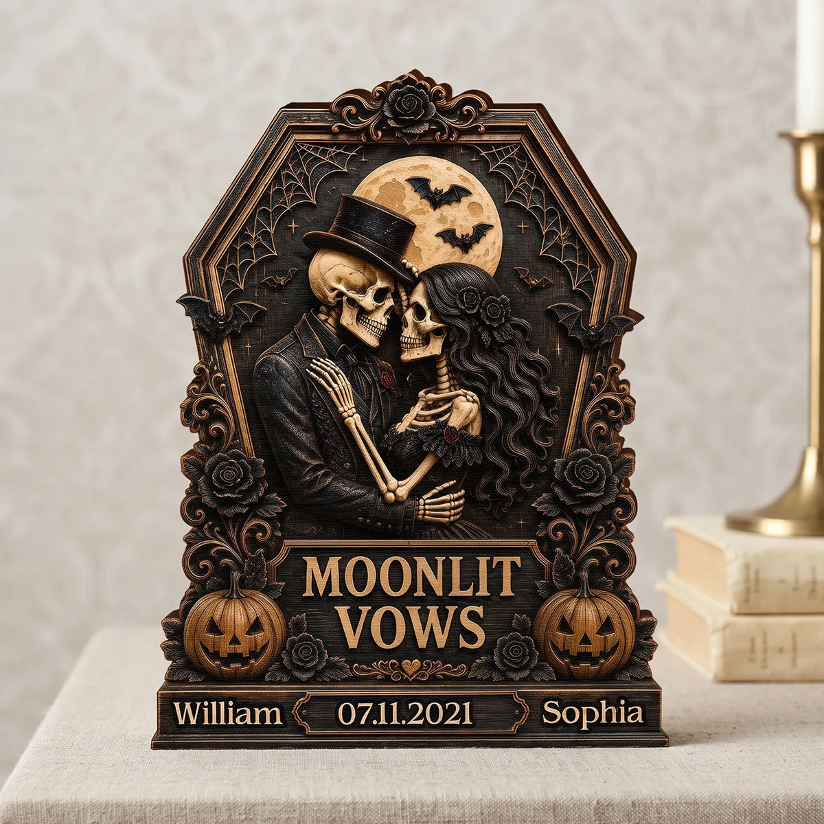 Moonlit Vows Skeleton Couple Personalized Wooden Block - Custom Halloween Wedding Anniversary Gift