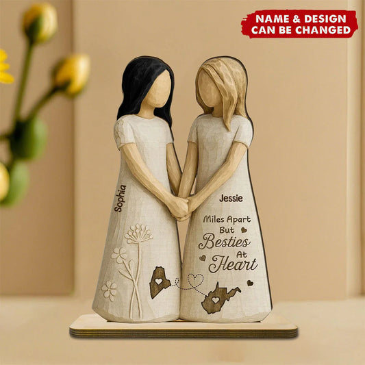 "Miles Apart But Besties At Heart" Personalized Wooden Plaque - Custom Gift for Long Distance Best Friends