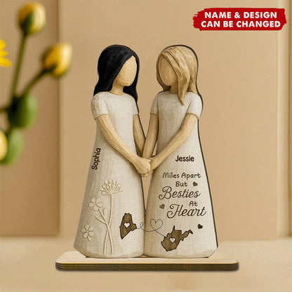 "Miles Apart But Besties At Heart" Personalized Wooden Plaque - Custom Gift for Long Distance Best Friends