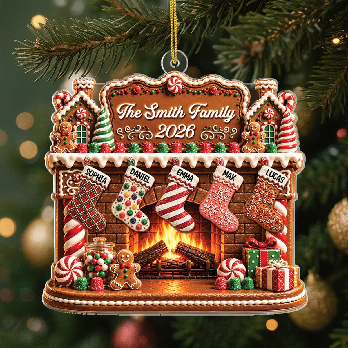 Gingerbread Fireplace Personalized Acrylic Ornament - Christmas Holiday Keepsake Gift for Family