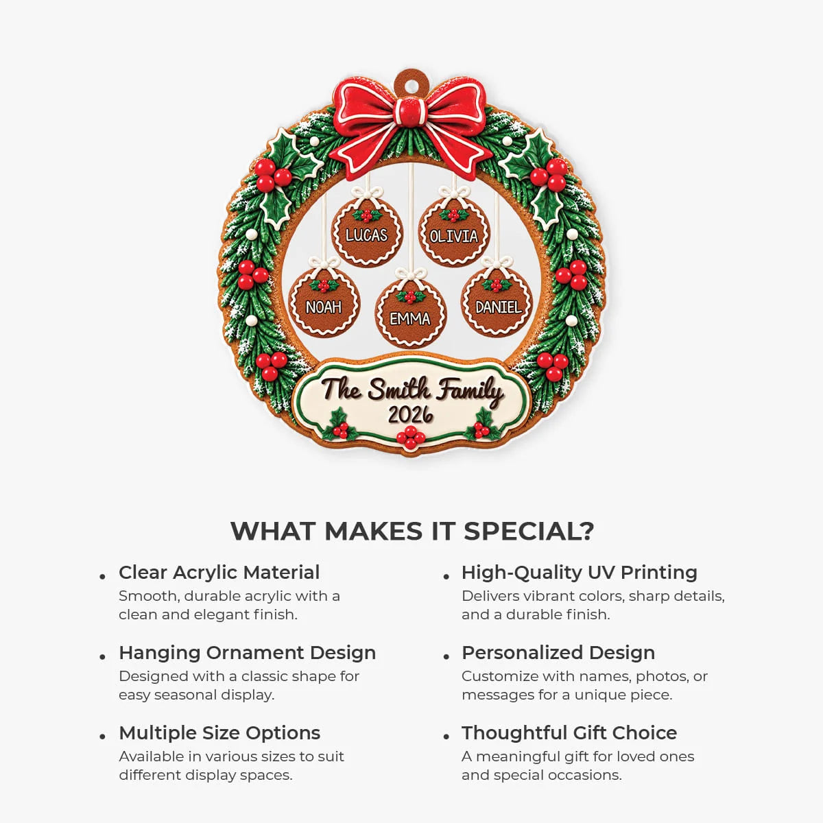 3D Effect Gingerbread Wreath - Personalized Family Acrylic Ornament for Christmas Tree
