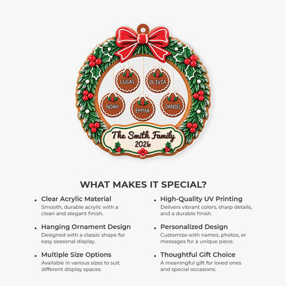 3D Effect Gingerbread Wreath - Personalized Family Acrylic Ornament for Christmas Tree
