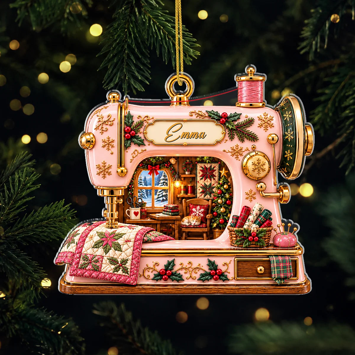 Vintage Quilt Sewing Machine Personalized Acrylic Ornament - Christmas Decor Gift for Sewers