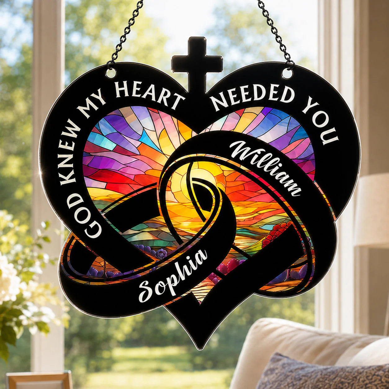 Personalized Christian heart suncatcher with custom names William and Sophia - unique gift for couples