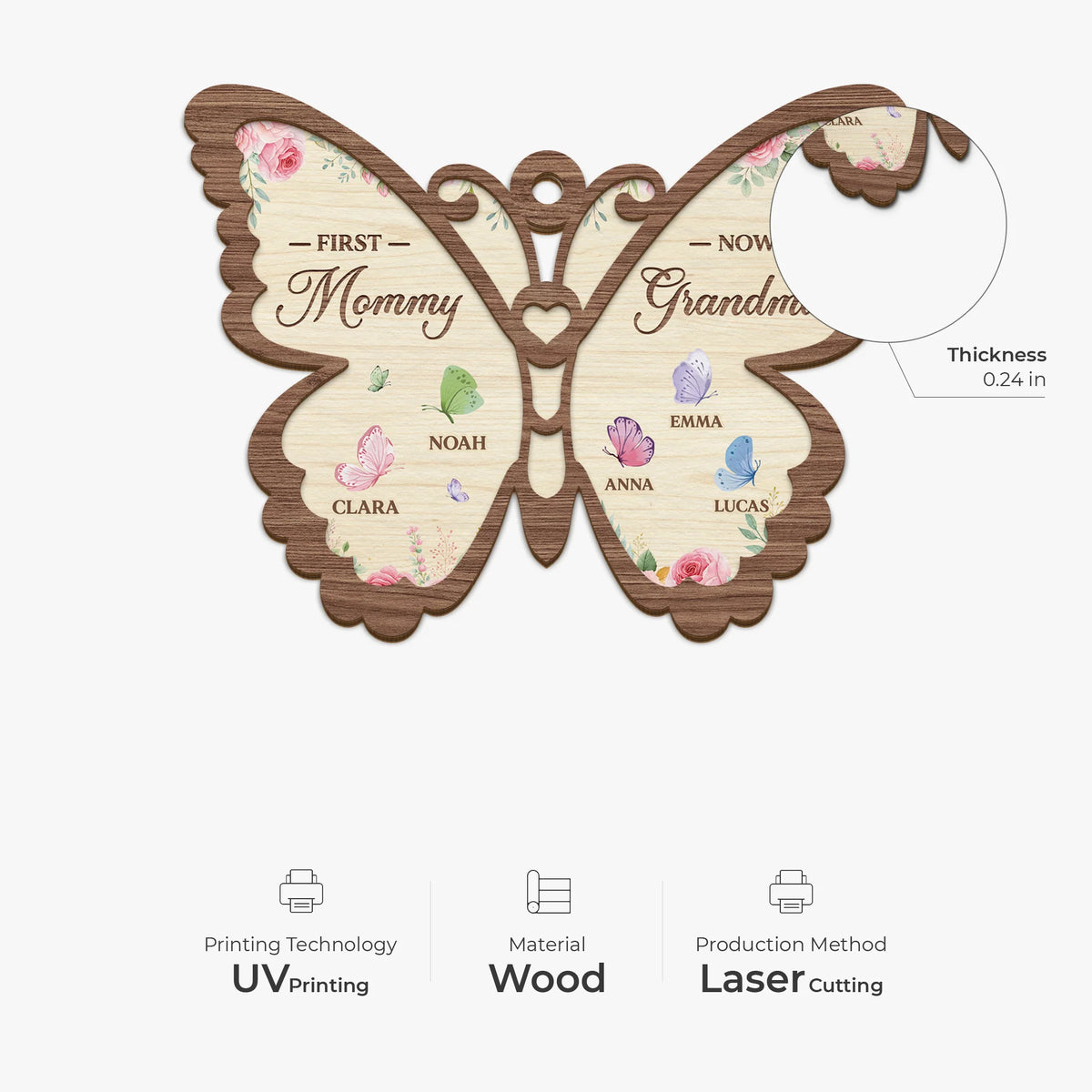 "First Mommy Now Grandma" Personalized Wooden Ornament - Custom Grandkids Butterfly Keepsake Gift