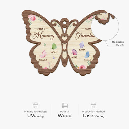 "First Mommy Now Grandma" Personalized Wooden Ornament - Custom Grandkids Butterfly Keepsake Gift