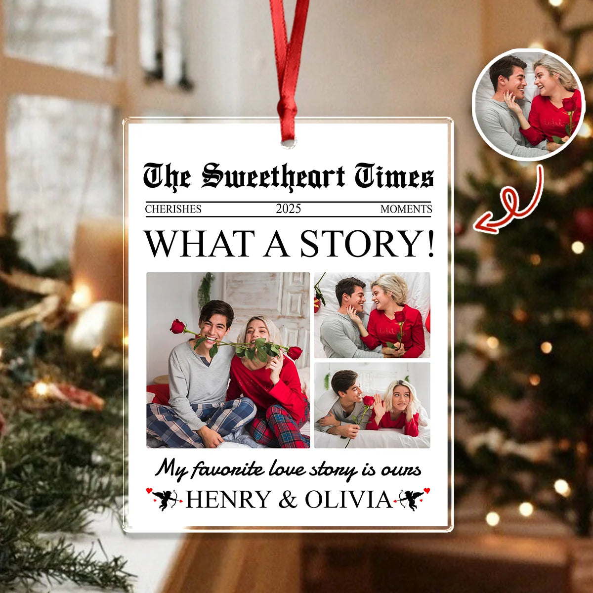 "The Sweetheart Times" Personalized Acrylic Ornament - Custom Couple Photo Christmas Keepsake
