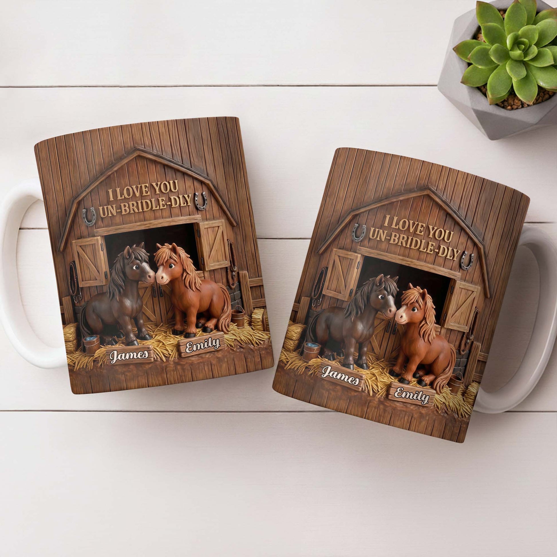 Personalized horse lovers mug with cute barn design and custom names for couples image 7