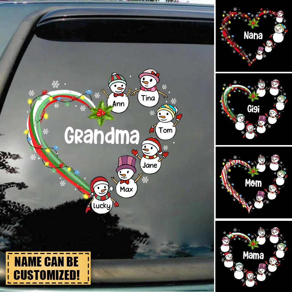 Personalized Grandma Car Decal - Custom Heart Snowman Family Sticker