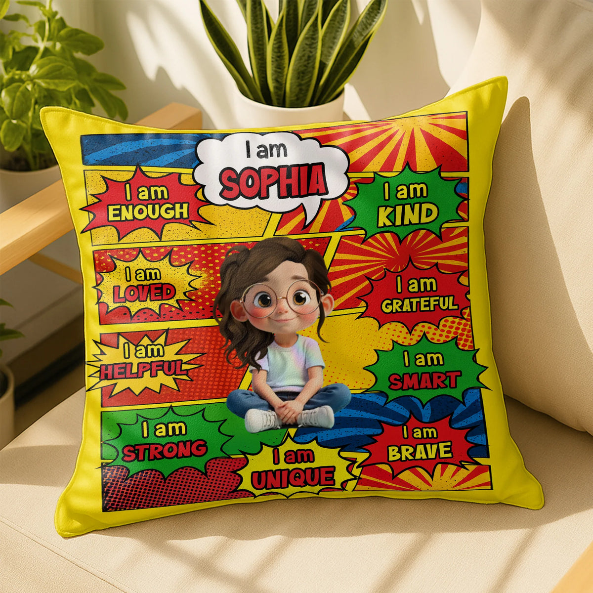 "I Am Enough Kind Loved" Custom Name Kids Affirmation Pillow - Personalized Birthday Gift for Daughter