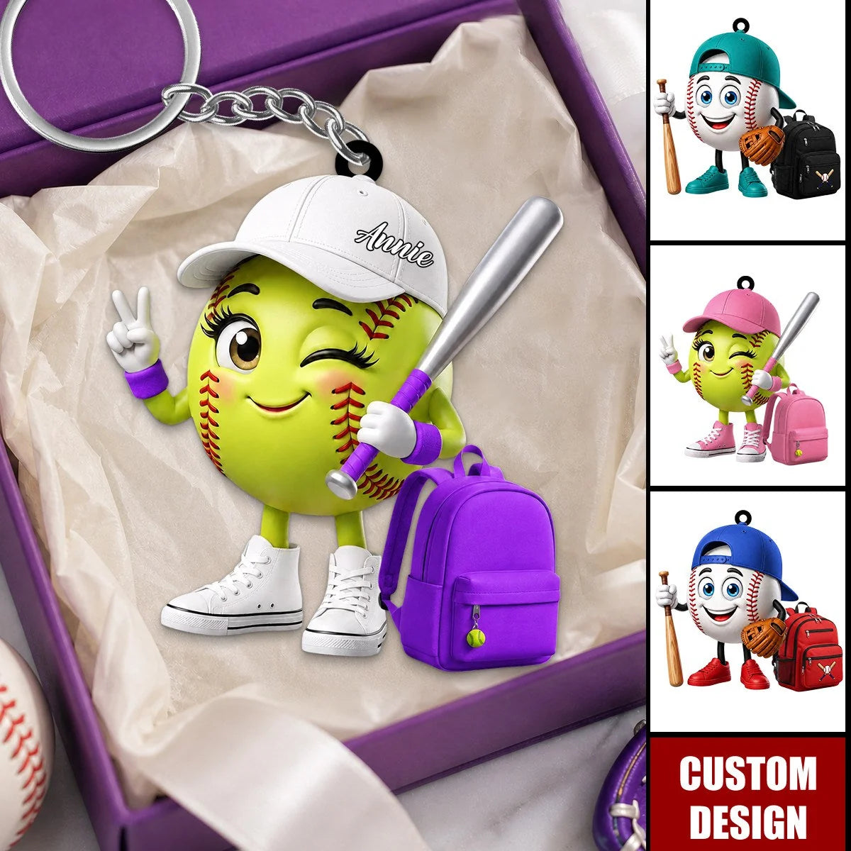 Personalized Baseball & Softball Mascot Acrylic Keychain - Custom Name Gift for Youth Sports Players