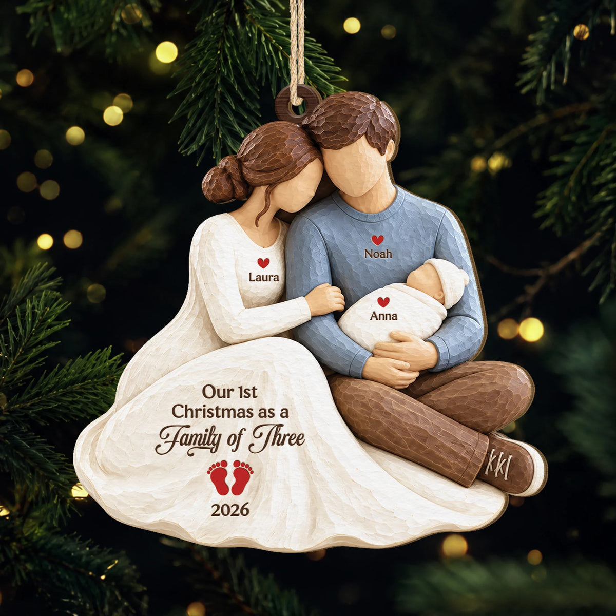 "Our 1st Christmas as a Family of Three" Personalized Wooden Ornament - Keepsake Gift for New Parents & Baby