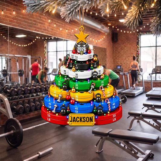 Weight Plate Christmas Tree Wooden Ornament - Personalized Fitness Gift for Gym Lovers, Weightlifters