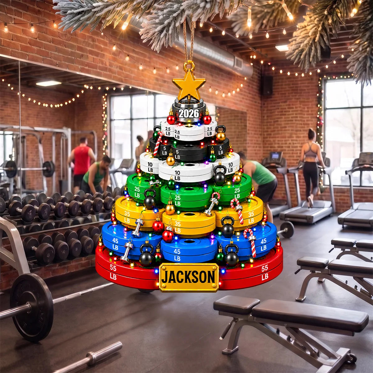 Weight Plate Christmas Tree Wooden Ornament - Personalized Fitness Gift for Gym Lovers, Weightlifters